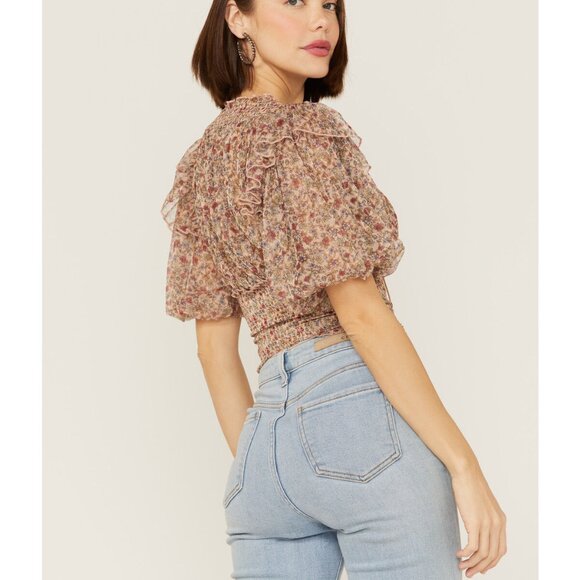 Free People Beatrice Smocked Pullover Top in Brown Pink Floral Sz SM - Picture 3 of 12